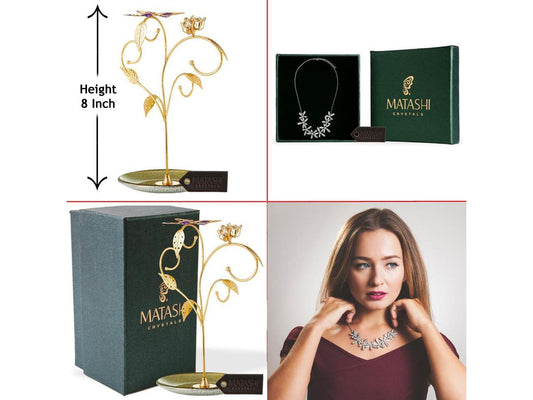 24k Gold Plated Jewelry Stand ¨C Elegant Floral and Butterfly Design with Rhodium Plated Necklace with Flowers Design and 12 Extendable Chain | Best Gift for Her by Matashi