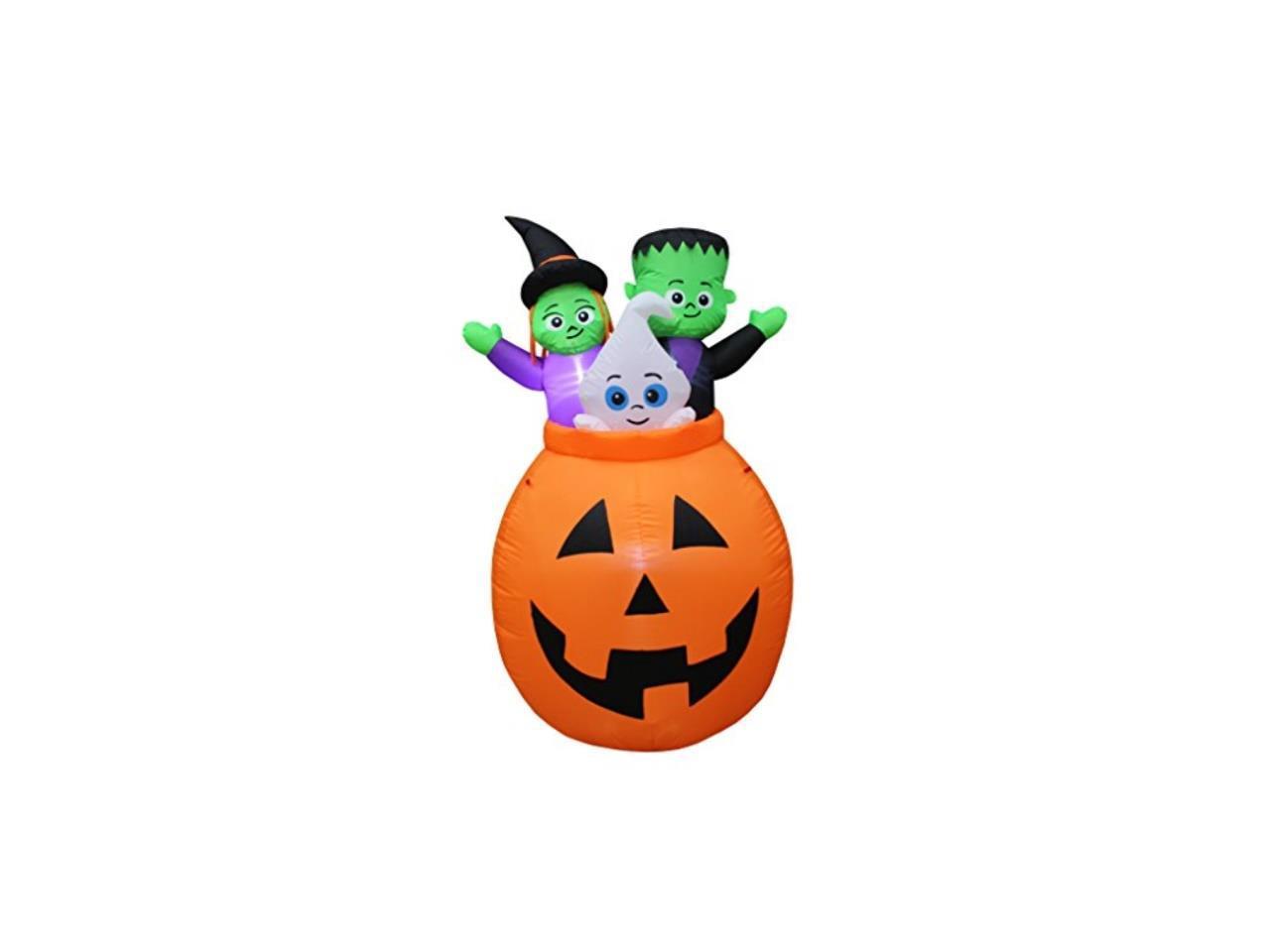 5 foot tall lighted halloween inflatable pumpkin basket with baby ghost, witch and frankenstein monster trio party decoration for outdoor indoor home garden yard