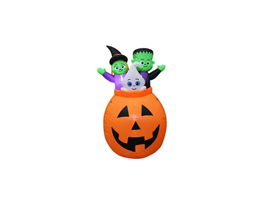 5 foot tall lighted halloween inflatable pumpkin basket with baby ghost, witch and frankenstein monster trio party decoration for outdoor indoor home garden yard