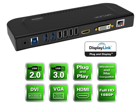 Wavlink USB 3.0 Universal Laptop Docking Station Dual Display with HDMI & DVI/VGA with Gigabit Ethernet, 6 USB Ports, Audio for Laptop, Ultrabook and PCs, Efficient Home Office, DisplayLink chipset