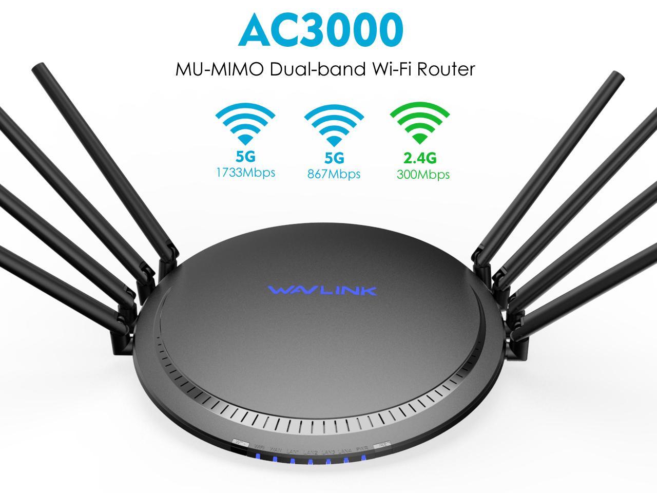 Wavlink AC3000 WiFi Router Tri-Band Smart Gigabit Gaming Router with MU-MIMO, High Gain 8 x 5dBi Antennas, 4 x LAN Full Gigabit Ports, USB3.0 Port and Parental Control, WPS & IP Qos