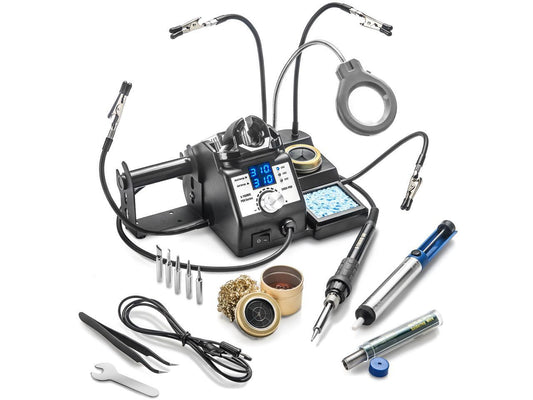 X-Tronic 3060-PRO-ST-ACC - 75W Soldering Iron Station - 5 Extra Tips, 2 LED Displays, Sleep Func, C/F, 3 Temp Presets, Mag Lamp, 4 Helping Hands, Solder Sucker, Tweezers, Solder & Brass Sponge w/Flux