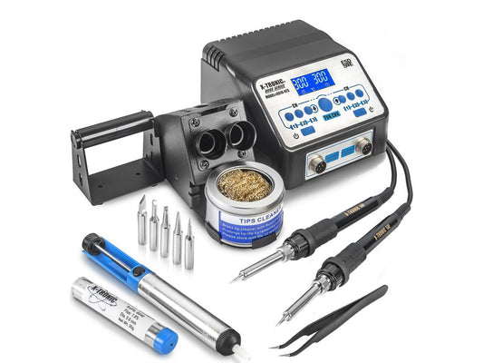 X-Tronic 8010-XTS - Dual Soldering Iron Station ? ESD Safe ? 5 Solder Tips ? 6 Temperature Presets (3 for each Iron) ? Auto Shut Down Function ? Calibration Function ? ¡ãC/¡ãF Conversion ? Sleep Timer