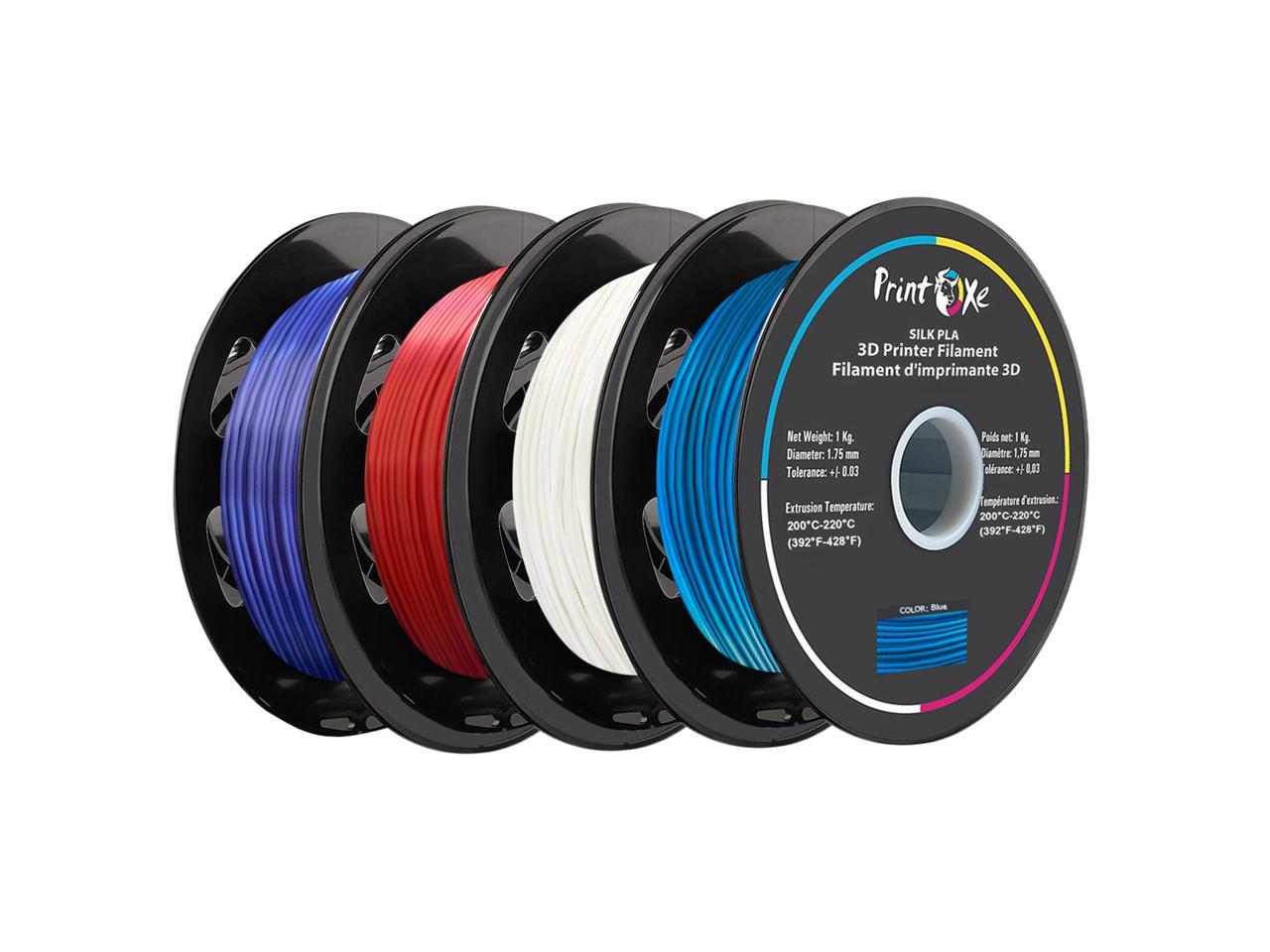 3D PLA like SILK Filament 4 Packs of Violet / Red / White / BlueColours for 3D Printers 1.75 mm Diameter Each Weight 1 Kg Net on Spool (2.2 LBs) Dimensional Accuracy +/- 0.03 mm