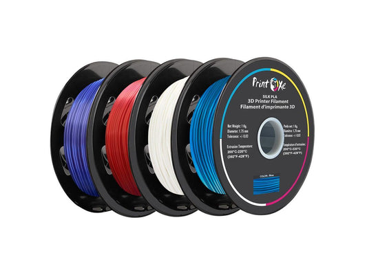 3D PLA like SILK Filament 4 Packs of Violet / Red / White / BlueColours for 3D Printers 1.75 mm Diameter Each Weight 1 Kg Net on Spool (2.2 LBs) Dimensional Accuracy +/- 0.03 mm