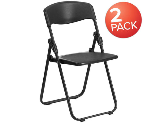 2 Pk. HERCULES Series 880 lb. Capacity Heavy Duty Black Plastic Folding Chair with Built-in Ganging Brackets