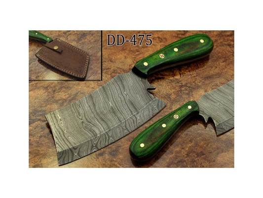 9.5 hand forged Damascus steel Butcher knife, Meat cleaver, colored wood scale, Cow hide Leather sheath with belt loop