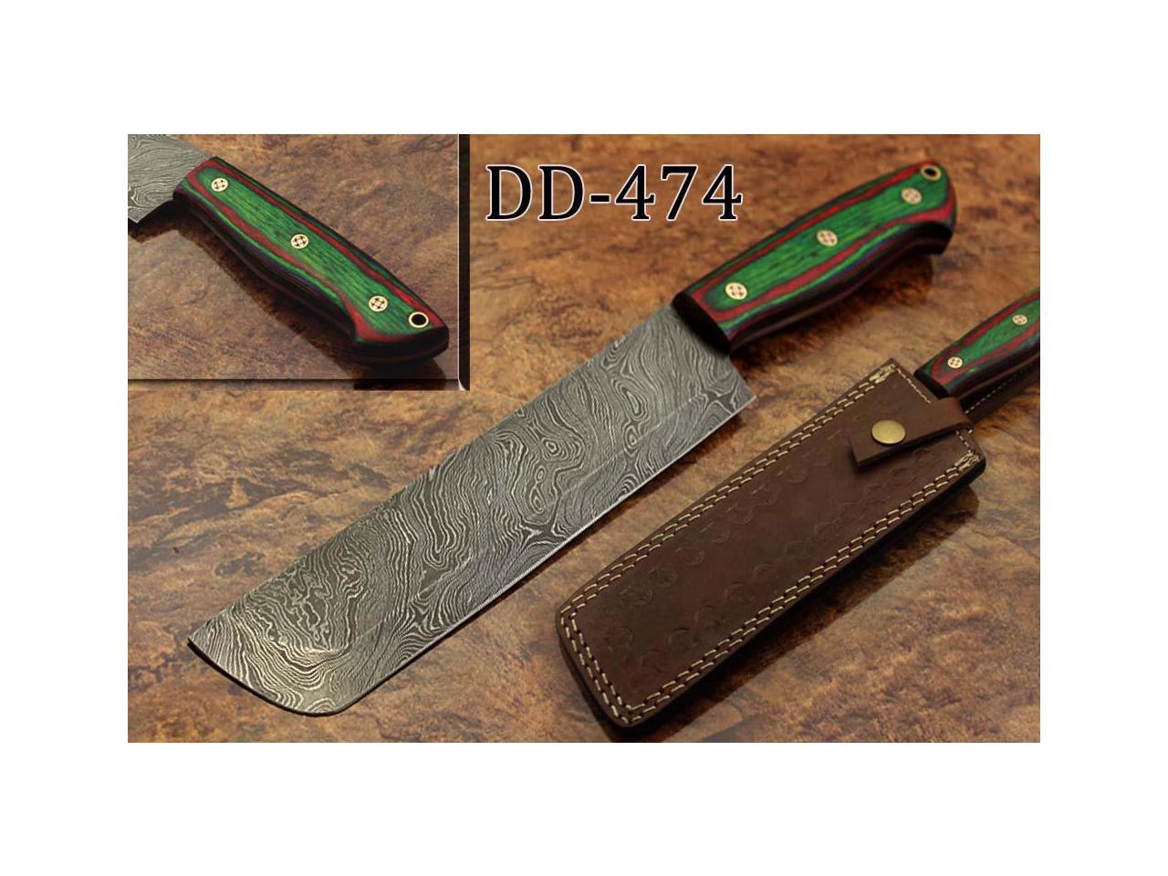 12.5 hand forged Damascus steel Nakiri knife, kitchen knife, vegetable knife, 2 tone Green & Maroon wood scale, Cow hide Leather sheath with belt loop