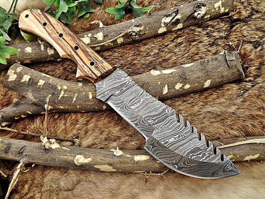 13 Long hand forged twist pattern full tang Damascus steel tracker knife, Exotic kao wood with holes scale, Cow leather sheath