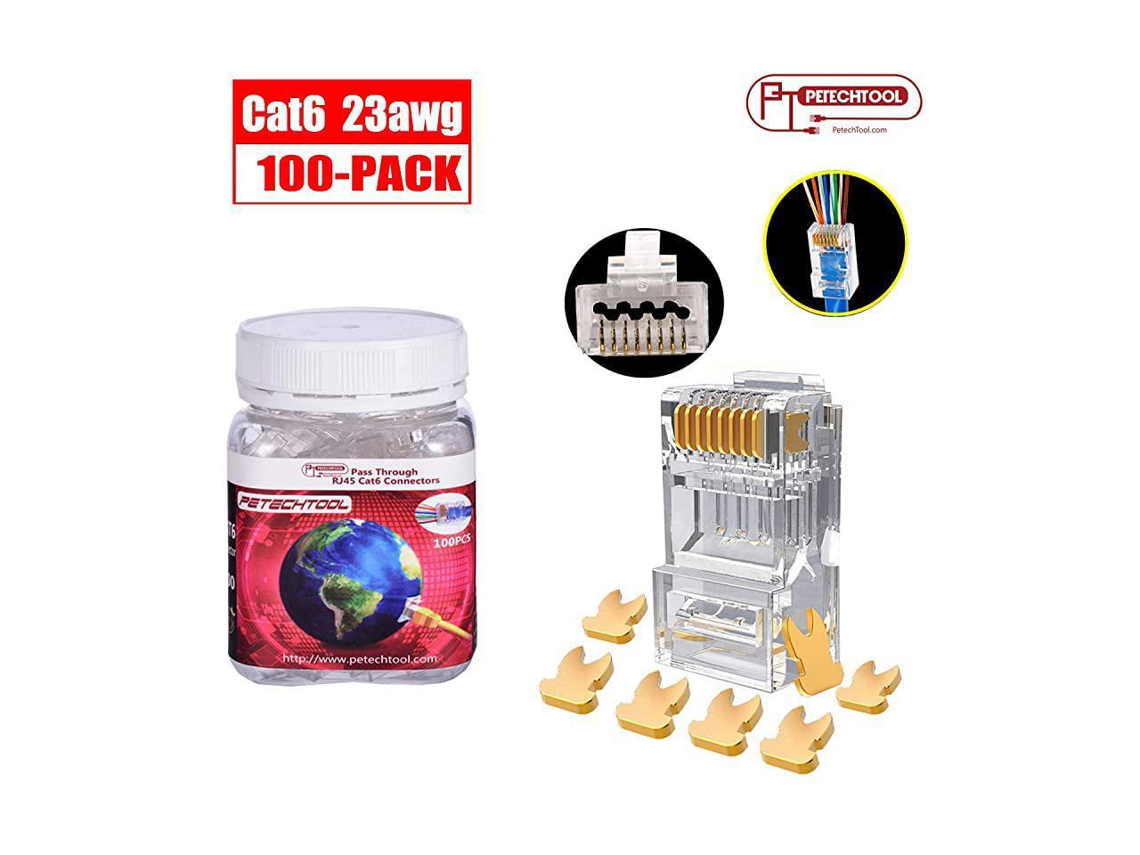 23AWG Cat6a Cat6 Connector Gold Plated 8P8C Pass Through Ends UTP Network Plug for Unshielded Twisted Pair Solid Wire amp Standard Cables | Transparent Passthrough Ethernet Insert 100Packs