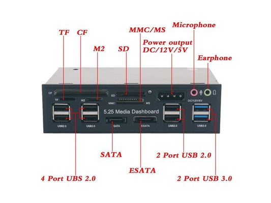 5.25 inch Multi-Function USB 3.0 Hub CF TF M2 SD MS Card Reader CD-ROM Front Panel Media Dashboard SATA eSATA Audio Headphone Mic