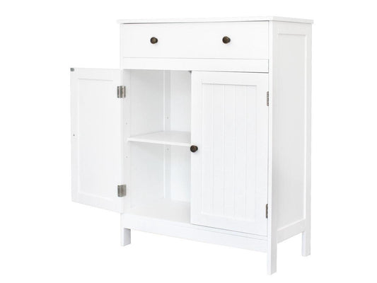 White Wooden 2-Door Bathroom Cabinet Storage Organizer with 2 Shelves& 1 Drawer Free Standing