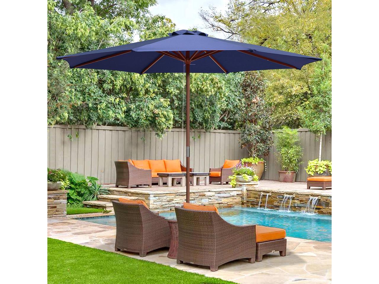 9ft Wooden Pole Patio Umbrella 8 Ribs Outdoor Garden Parasol Backyard Sunshade