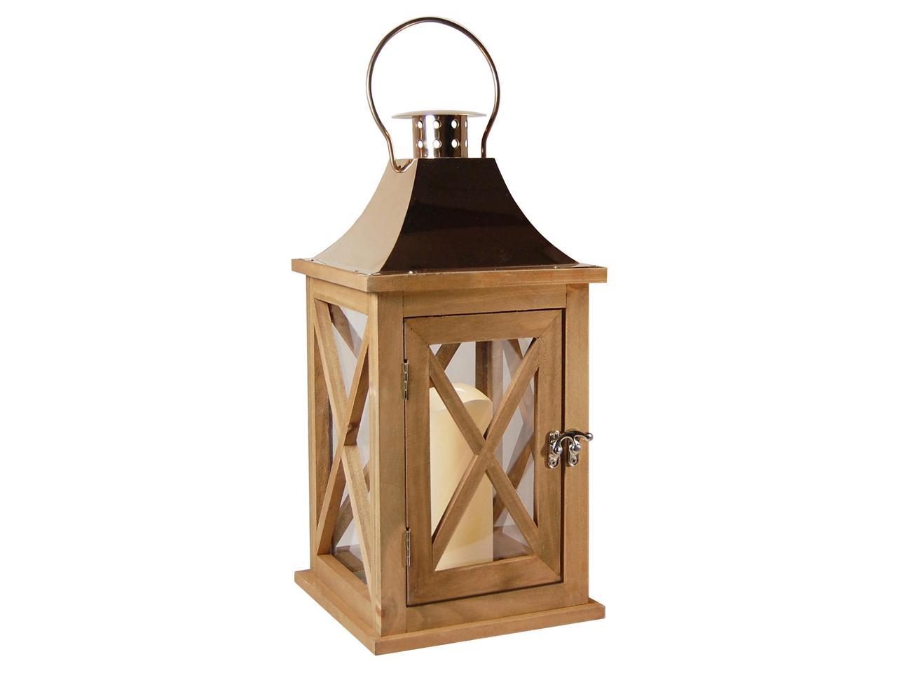 Wooden Lantern with Battery Operated Candle - Natural with Copper Roof