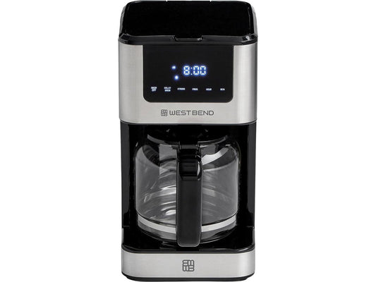 West Bend Drip Coffee Maker Brews Hot or Iced, Programmable with Brew Strength Selector Auto Shut-Off and 6 Functions Permanent Mesh Filter and Glass Carafe, 12-Cup, Metallic,Silver