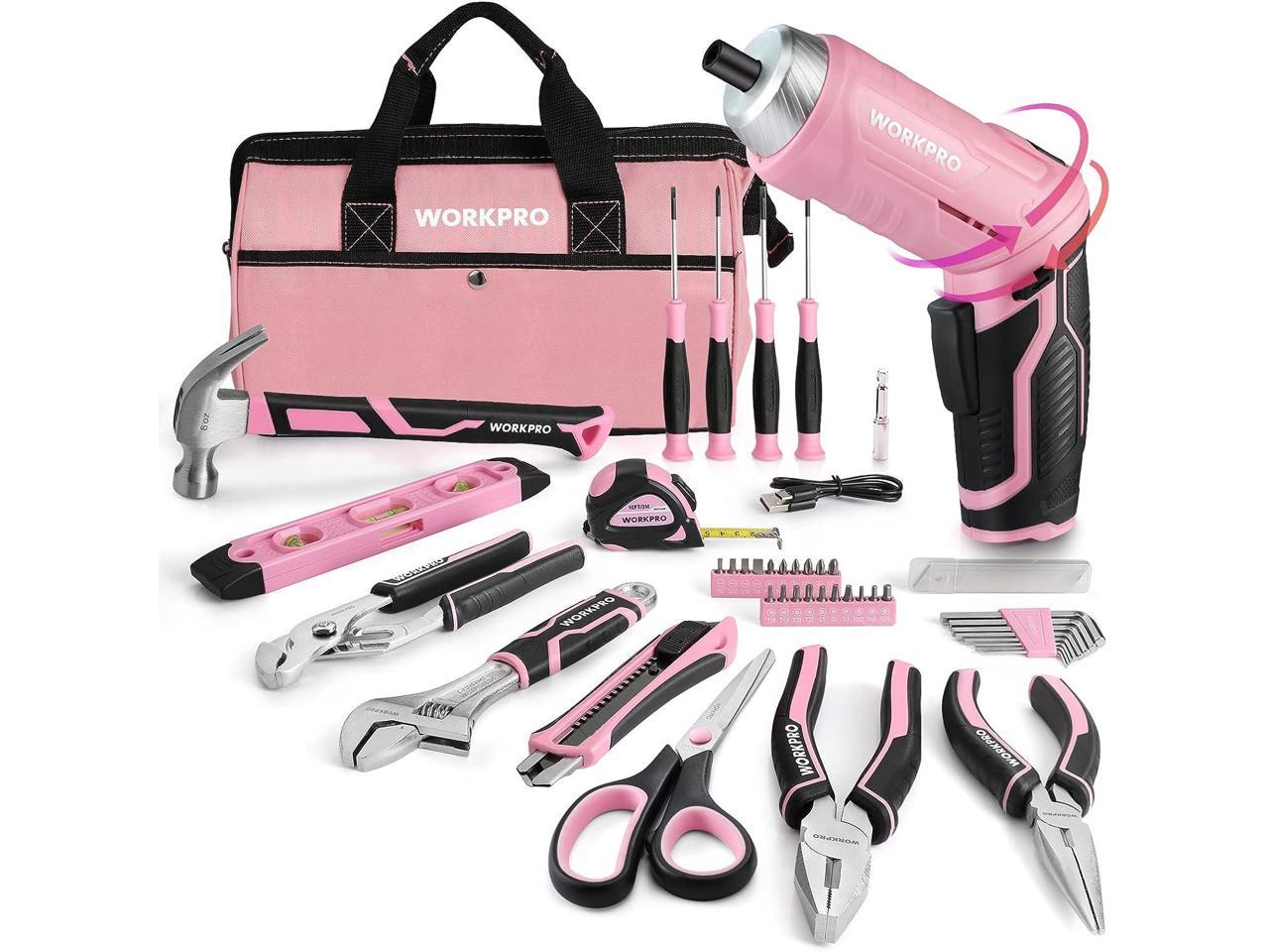 WORKPRO 53-Piece Pink Tool set with Electric Cordless Screwdriver, Basic Tool Kit Set for Women with 13'' Portable Tool Bag for DIY Home Repair/Maintenance - Pink Ribbon