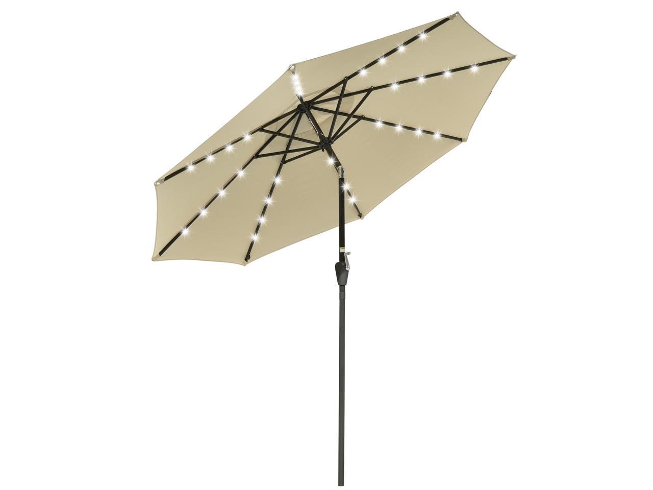 9' Outdoor Patio Aluminium Umbrella 32 Solar Powered LED Crank Tilt UV30+ 180g Cover Top Beach Deck Beige